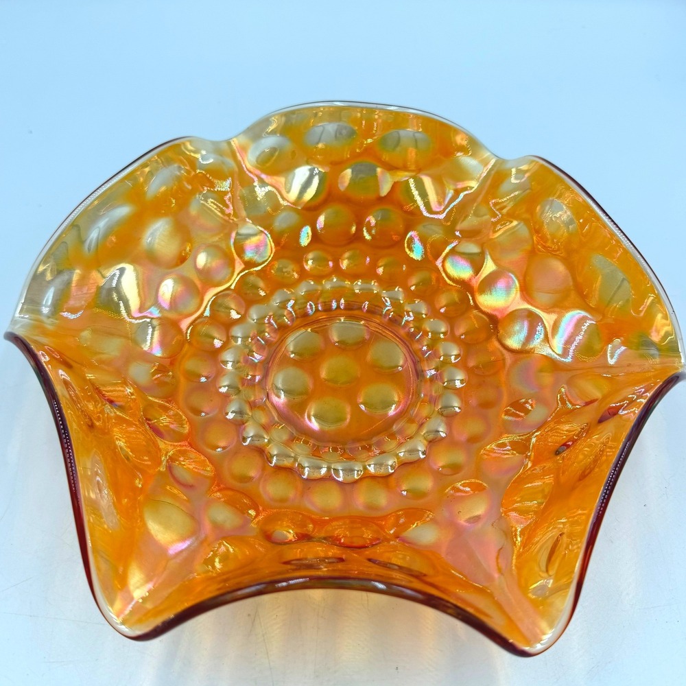 Antique Fenton Coin Dot Marigold Carnival Glass Ruffled Bowl 9.25" Circa 1910